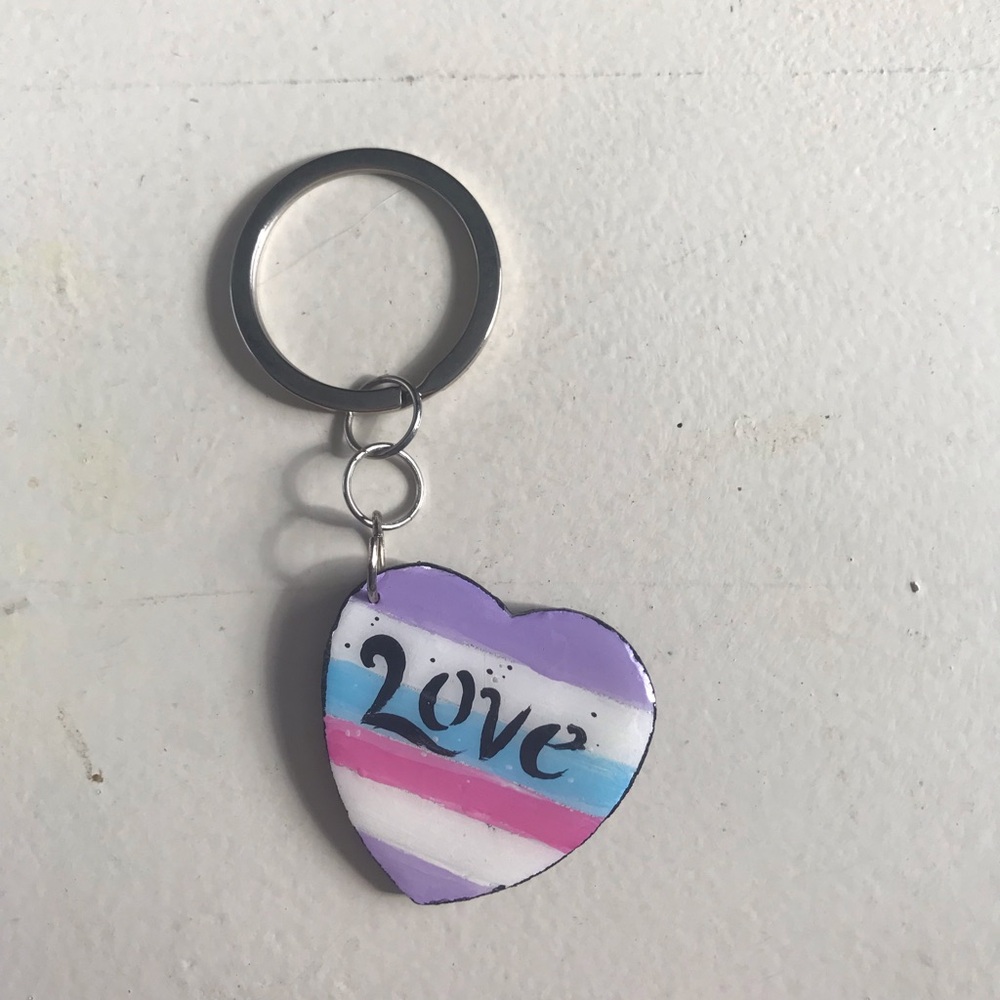Love Heart Stripe Keychain - Purple Pink Blue